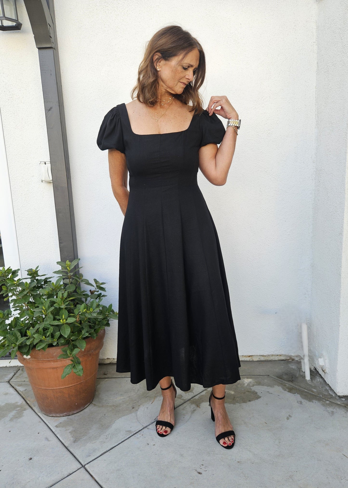 Linen Puff Sleeve Midi Dress