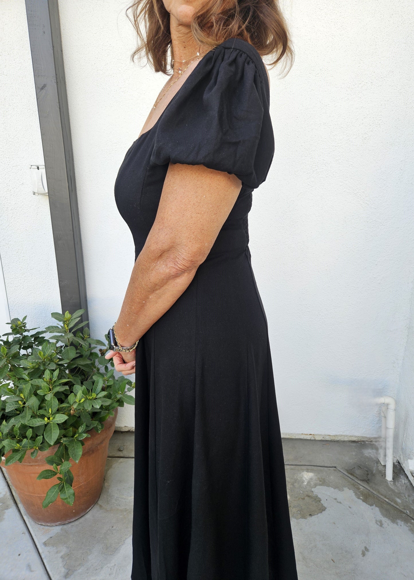 Linen Puff Sleeve Midi Dress