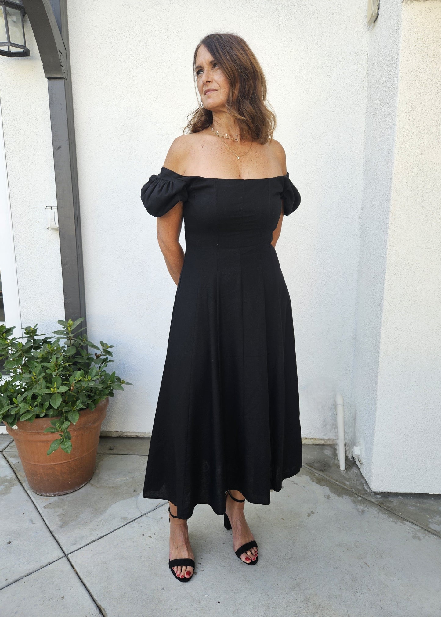Linen Puff Sleeve Midi Dress