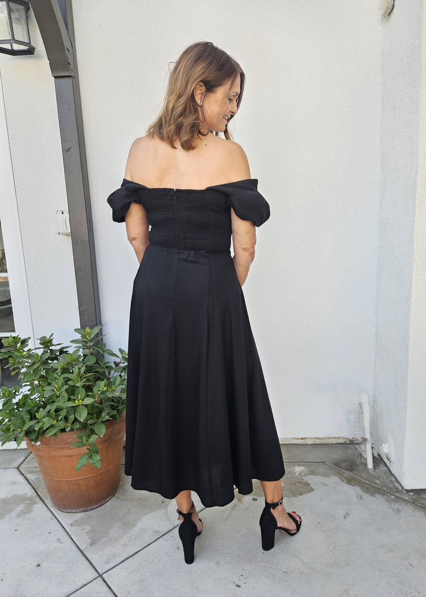 Linen Puff Sleeve Midi Dress