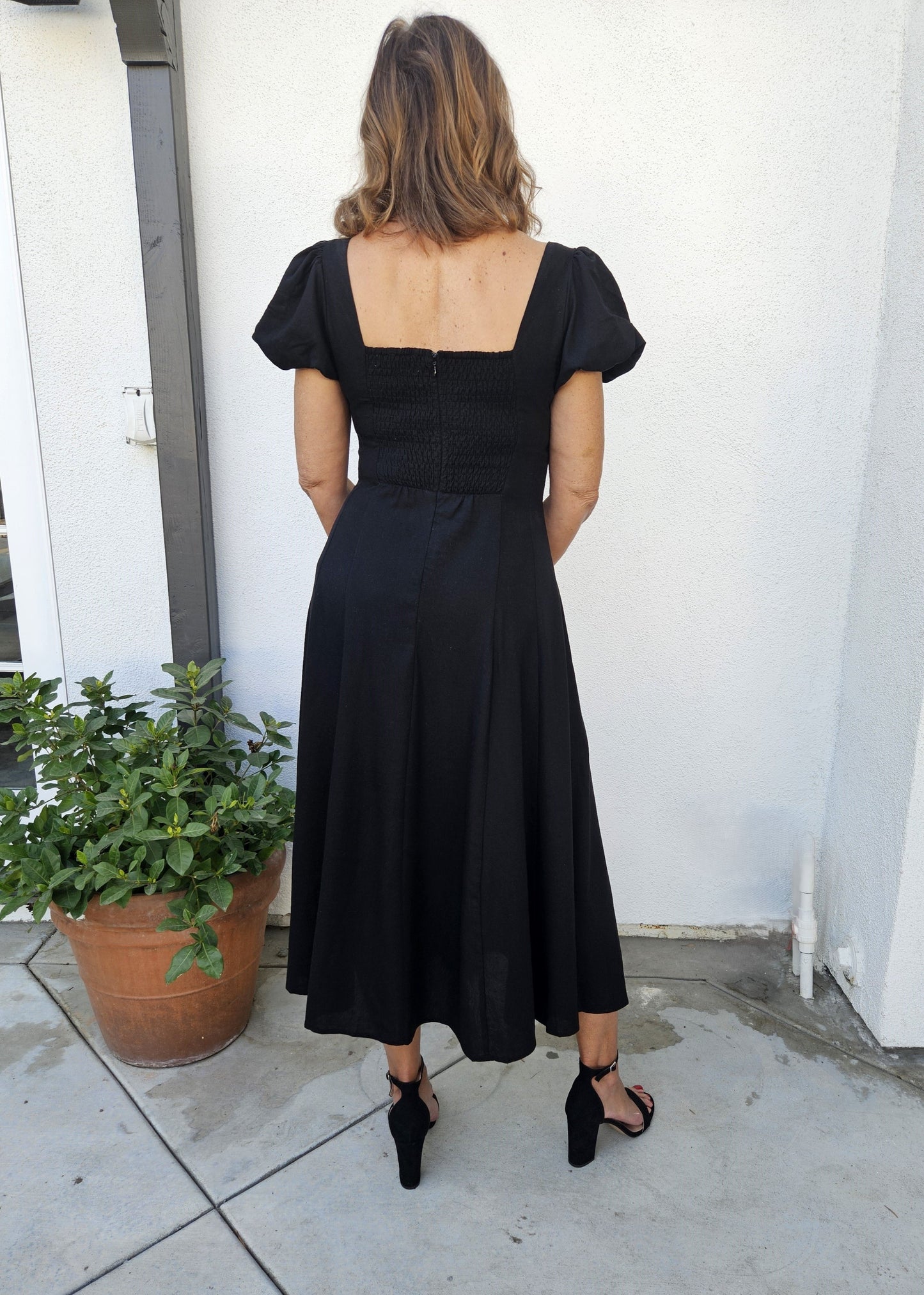 Linen Puff Sleeve Midi Dress
