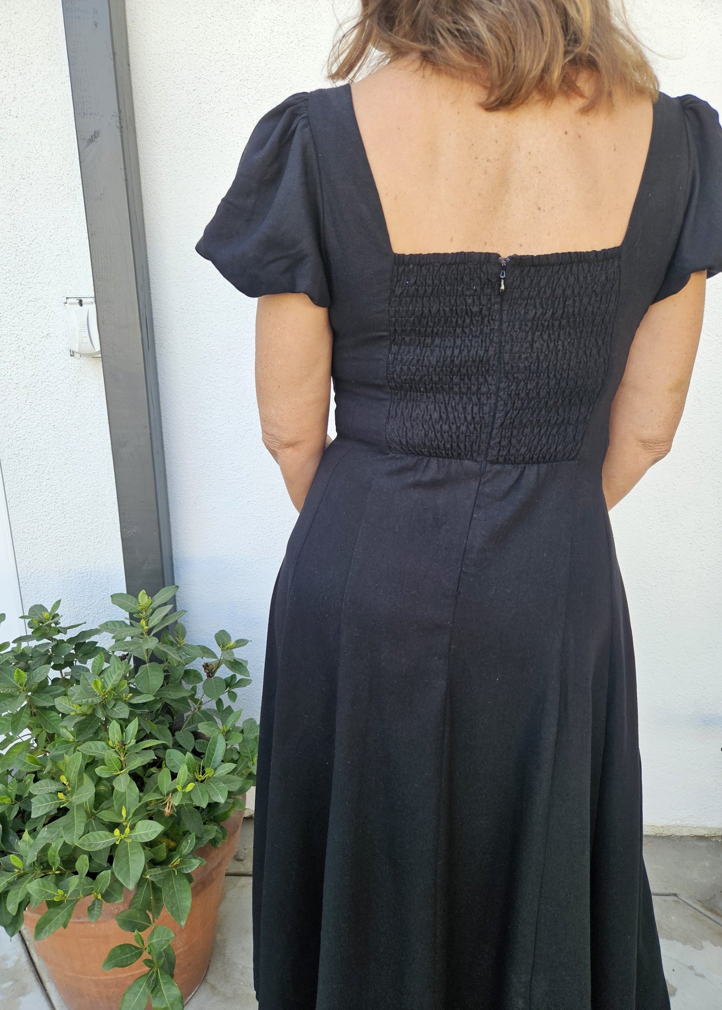 Linen Puff Sleeve Midi Dress