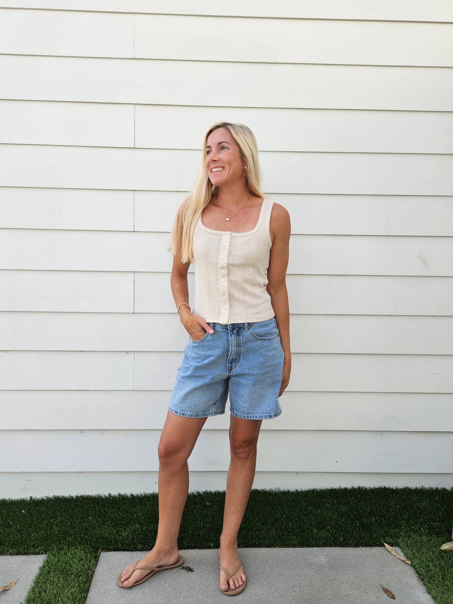 Pointelle Button Tank