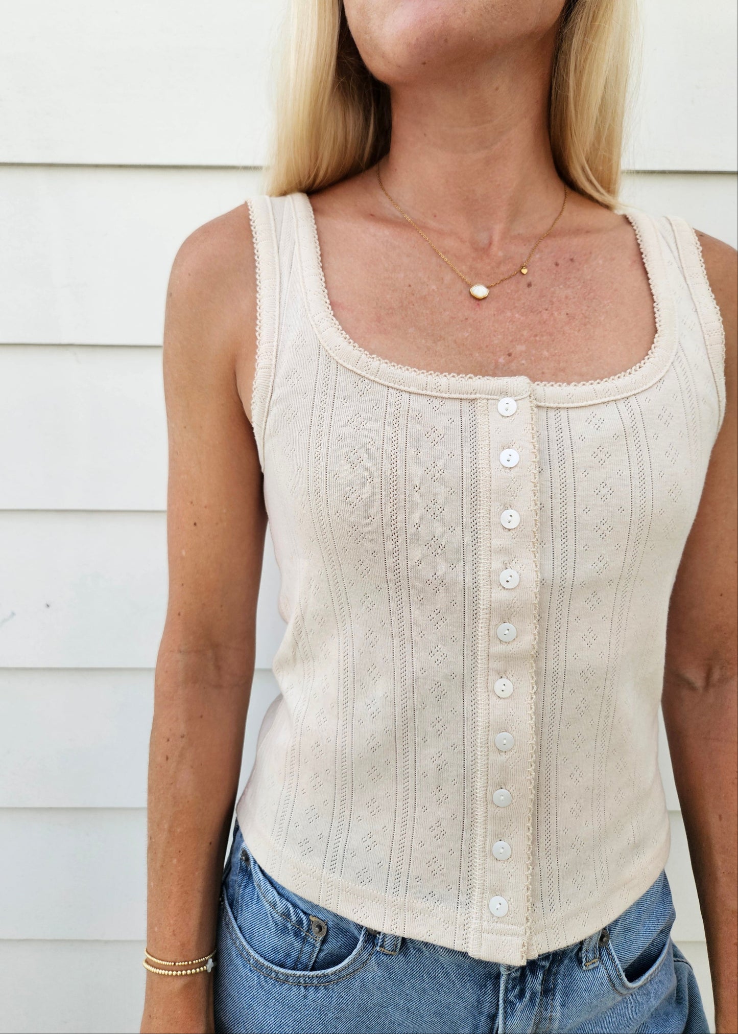 Pointelle Button Tank