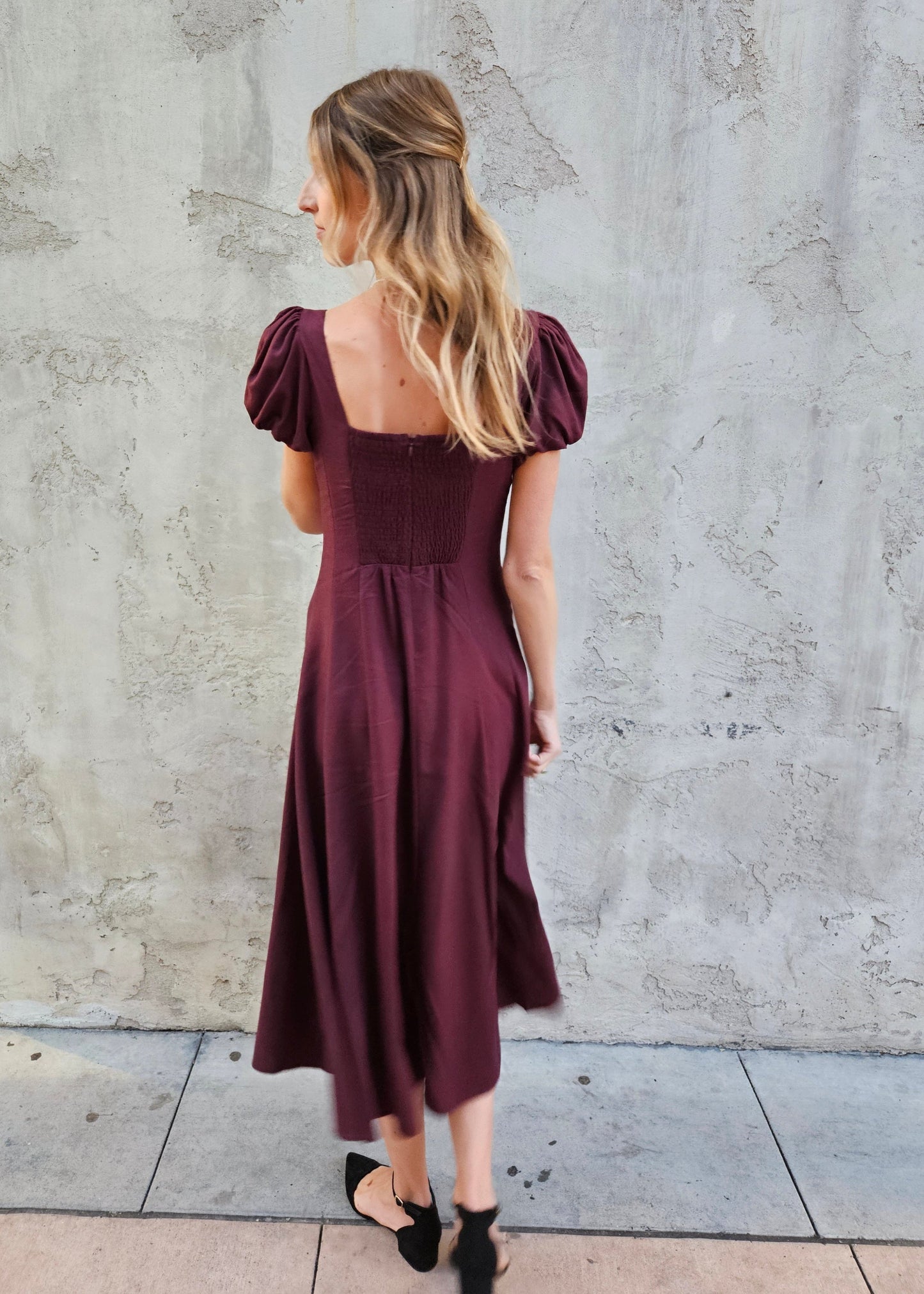 Linen Puff Sleeve Midi Dress