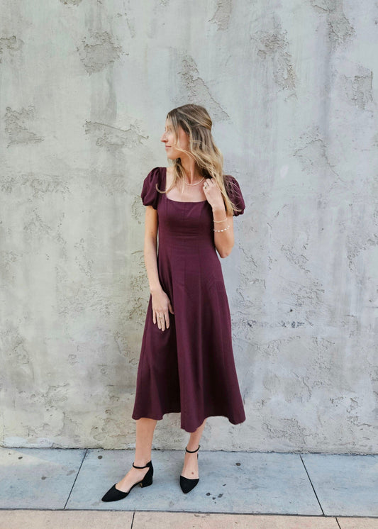 Linen Puff Sleeve Midi Dress