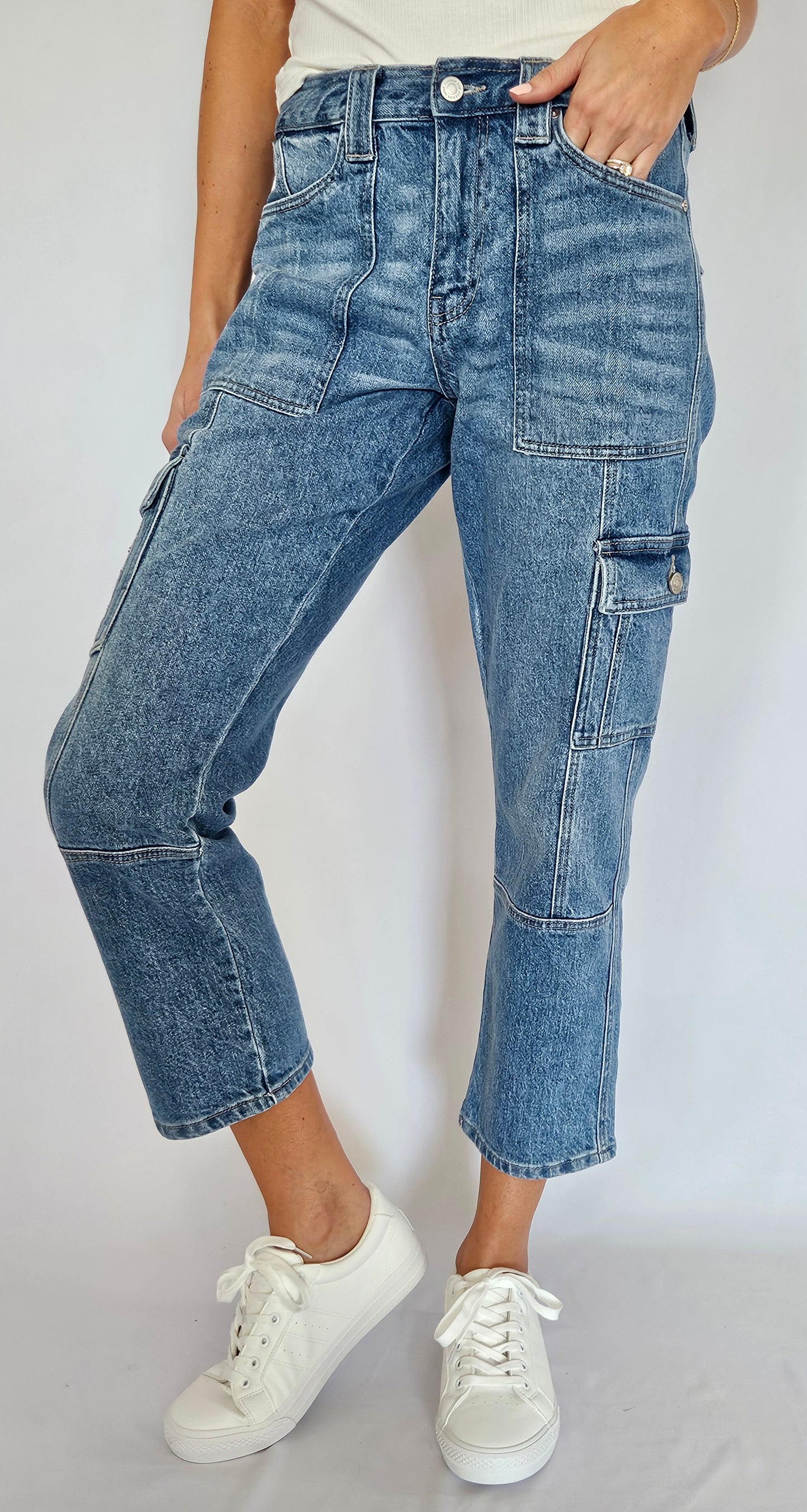 High Rise Slim Straight Cargo Jeans