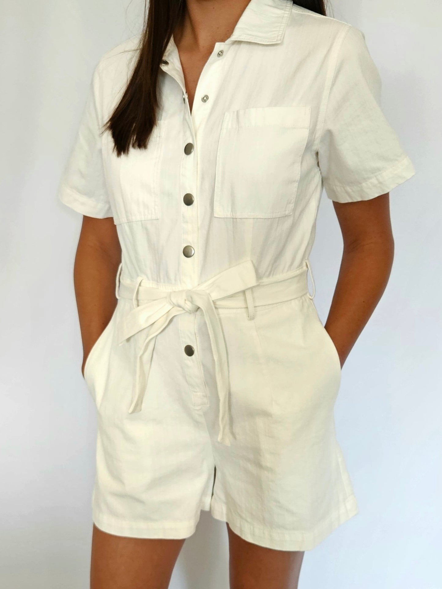 White Denim Belted Romper