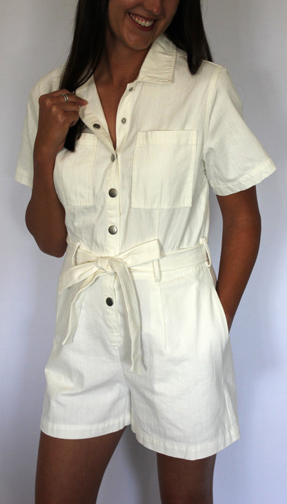 White Denim Belted Romper