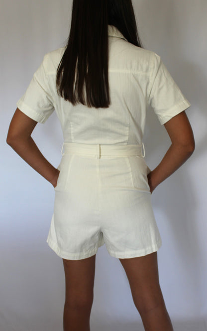 White Denim Belted Romper