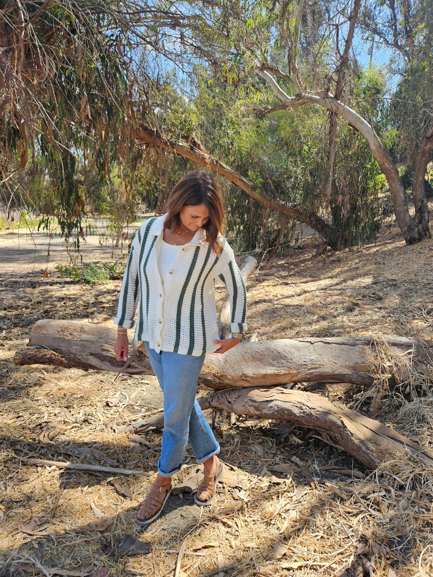 Chenille Crochet Cardigan in Ivory and Green