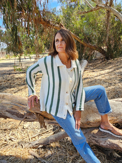 Chenille Crochet Cardigan in Ivory and Green